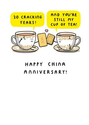 Two Tea Cups Toasting With Biscuits Cartoon Illustration Twentieth Anniversary Funny Pun Card