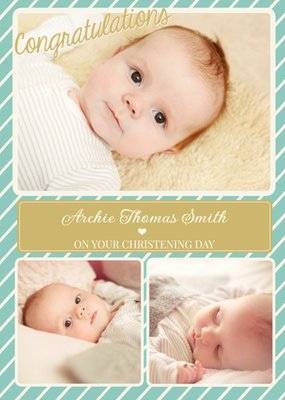 Teal And Striped Multi-Photo Christening Card