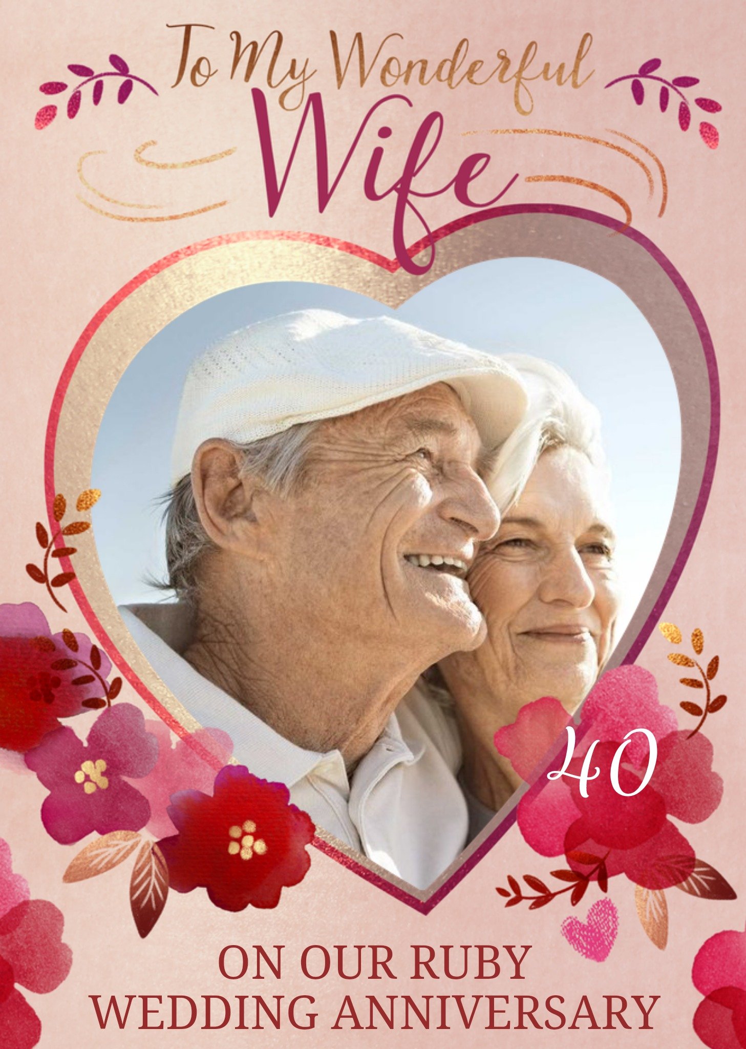 Moonpig Heart Shaped Photo Frame Surrounded By Flowers Photo Upload Wife's Ruby Anniversary Card