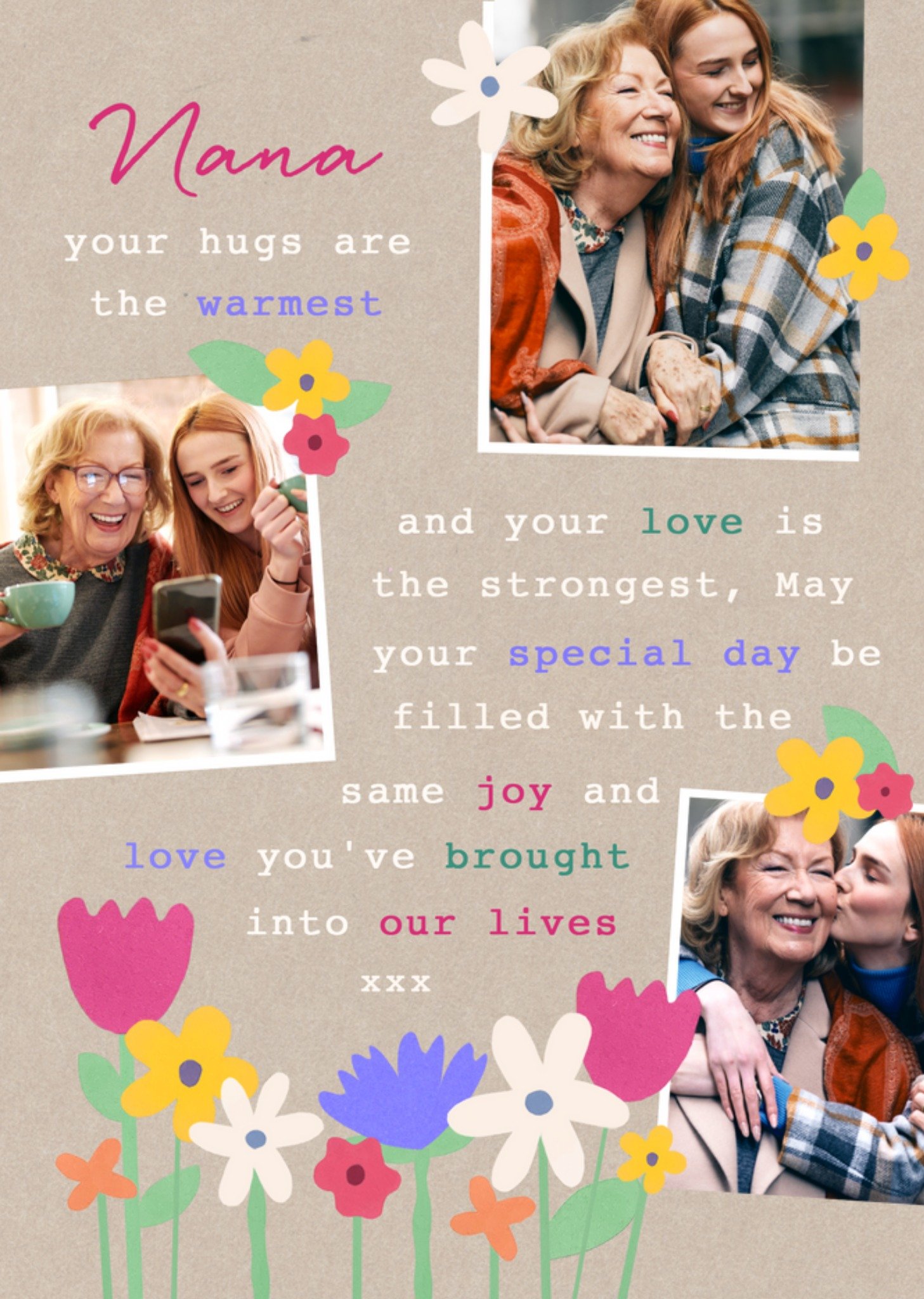 Moonpig Pretty Lovely Nana Your Hugs Are The Warmest Floral Illustration Photo Upload Mother's Day C