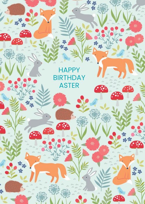 Foxes Rabbit Hedgehog Green Birthday Card