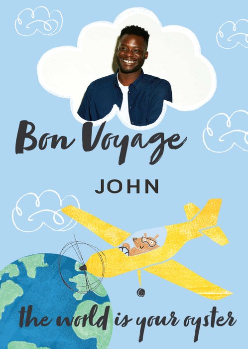 Illustration Of A Bear Flying A Plane Above The World Bon Voyage Photo Upload Card