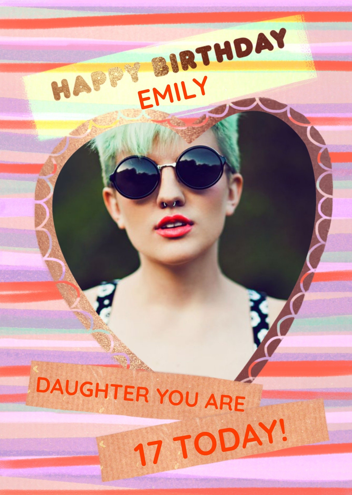 Moonpig Stripes Heart Frame Photo Upload Birthday Card