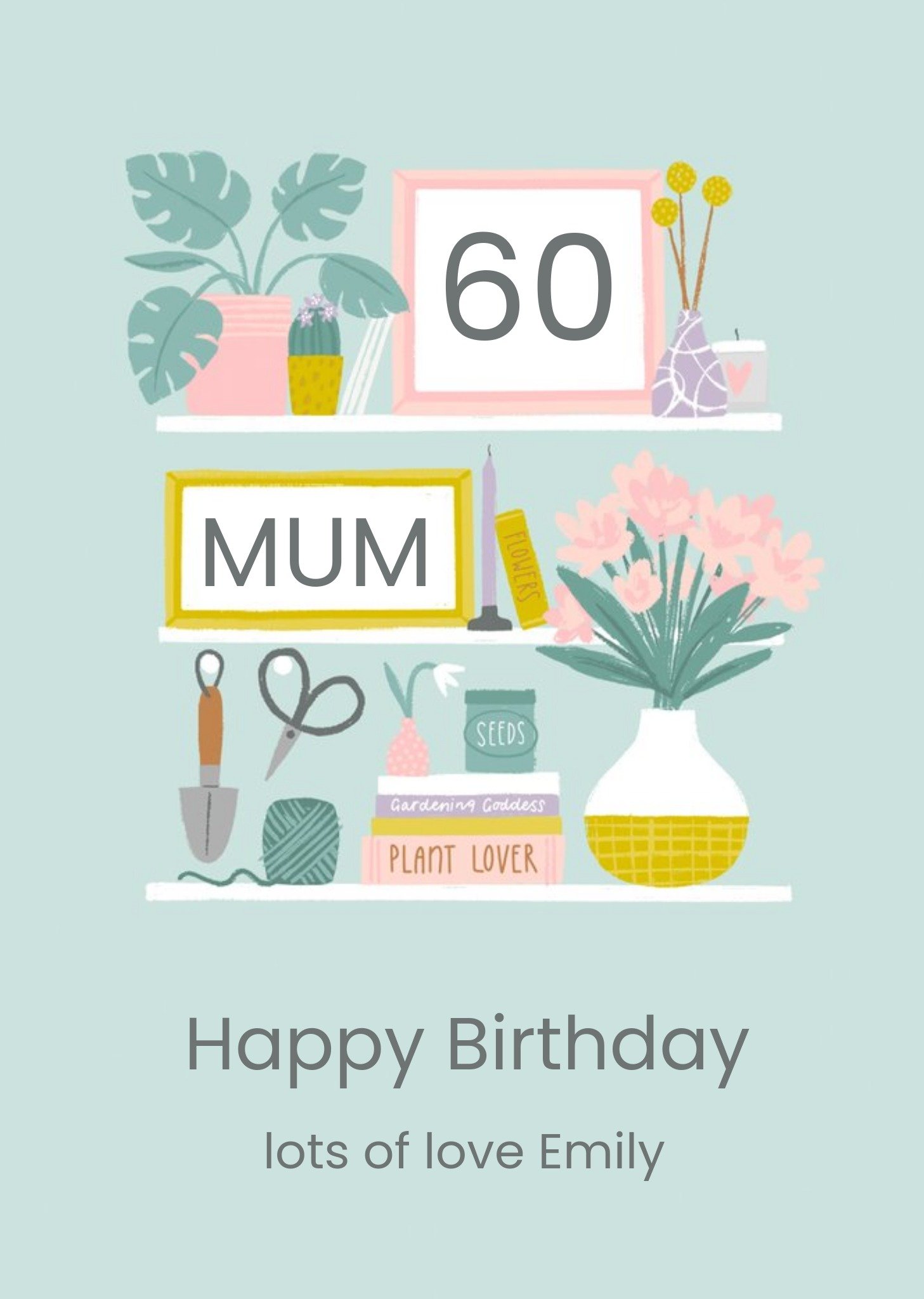 Moonpig Illiustrated Shelves Houseplants Picture Frames Flowers Mum 60th Birthday Card