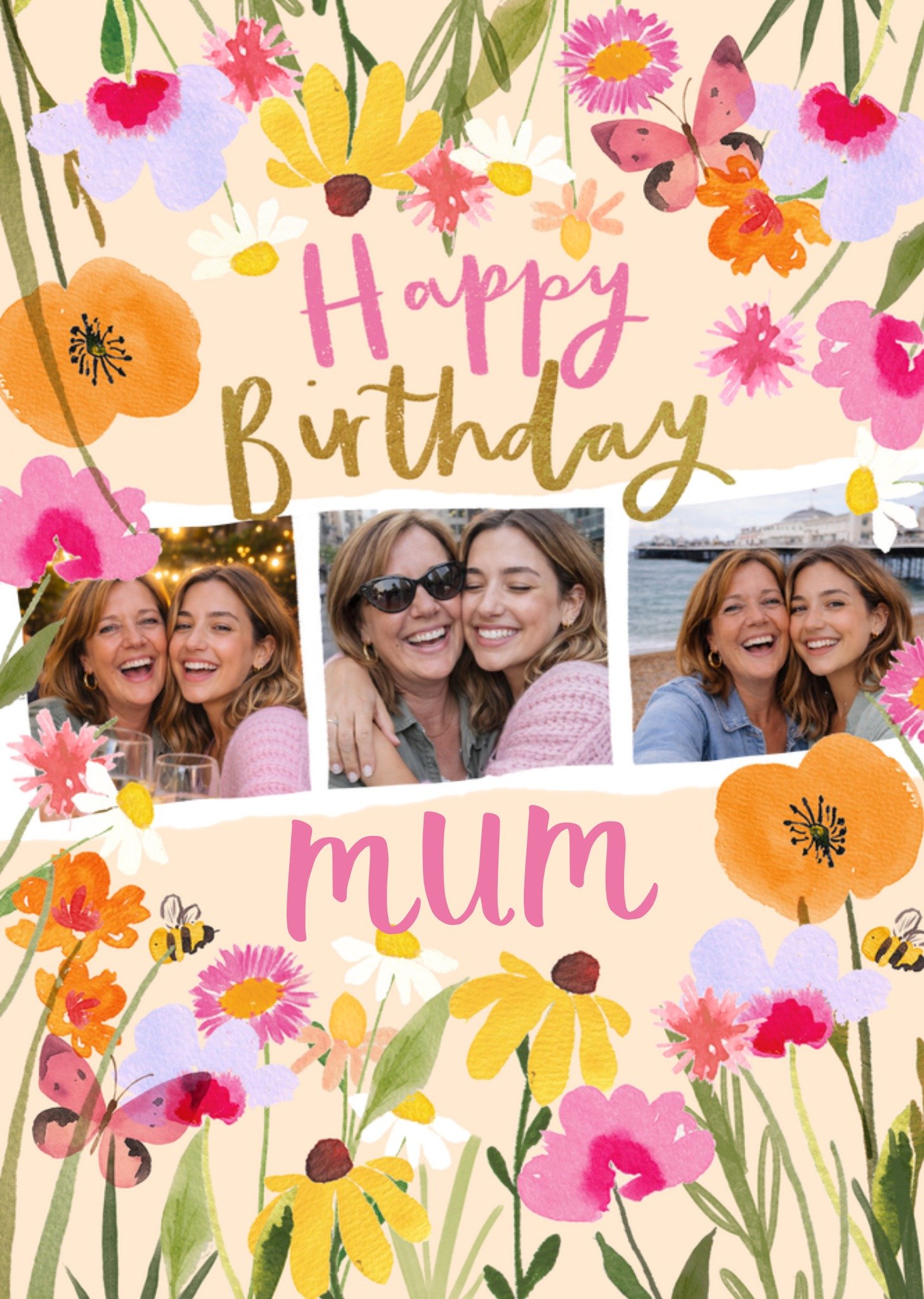 Moonpig Happy Birthday Mum Watercolour Flowers Photo Upload Card