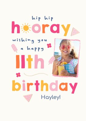 Happy Go Lucky Hip Hip Hooray 11th Birthday Photo Upload Card