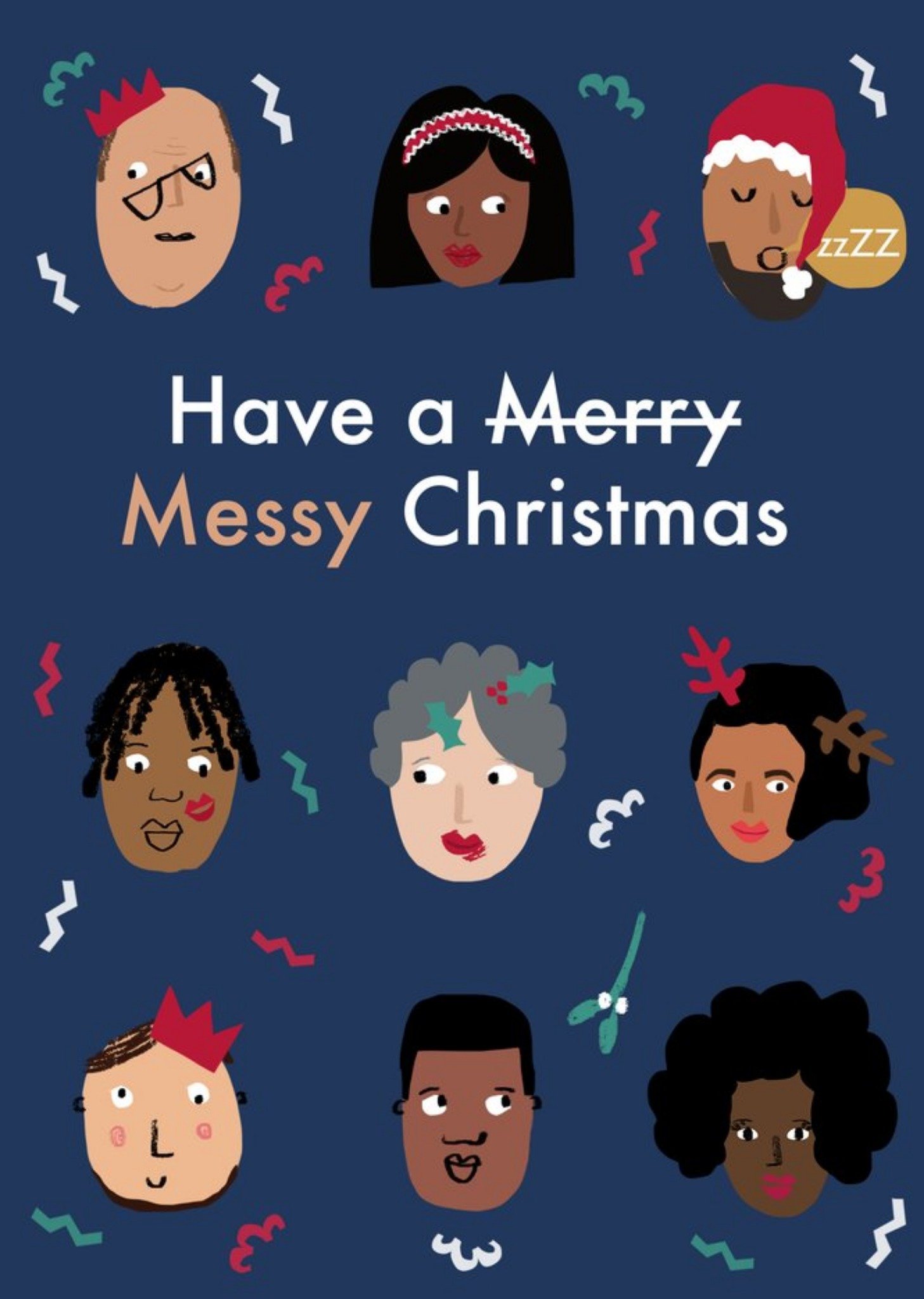 Moonpig Diverse Characters Faces Funny Have A Merry Messy Christmas Card