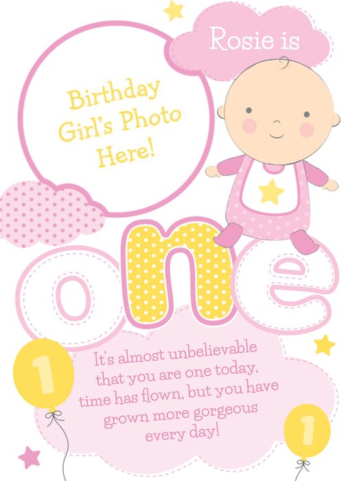 Yellow And Pink Clouds Personalised Photo Upload Baby's 1st Birthday Card