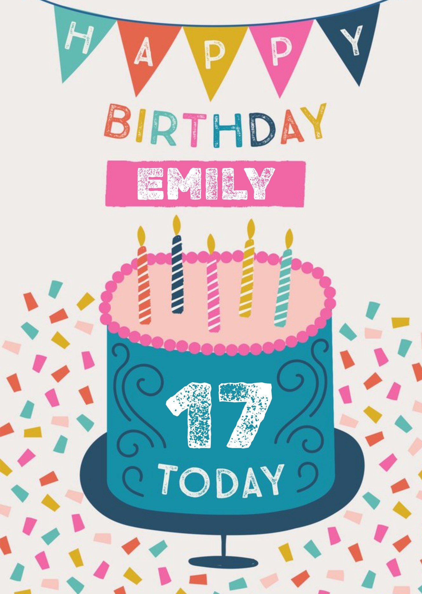 Moonpig Fun Illustration With Cake And Confetti Personalised Name Teen Birthday Card