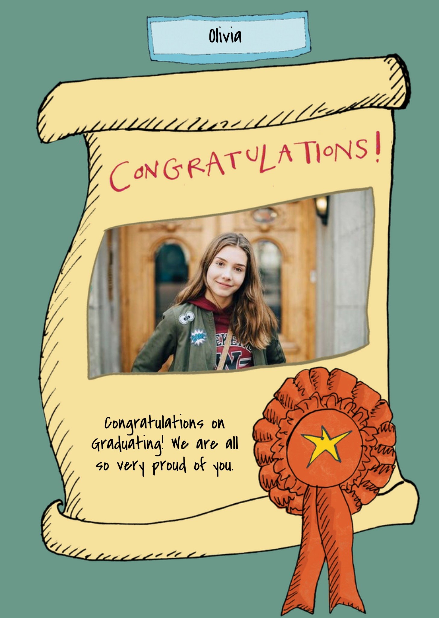 Moonpig Illustration Of A Certificate With A Rosette And Photo Frame Photo Upload Graduation Card