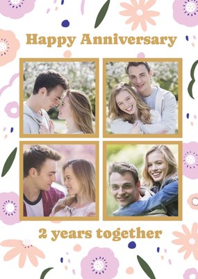 Four Photo Frames On A Flowery Pattern Background Happy Anniversary Photo Upload Card