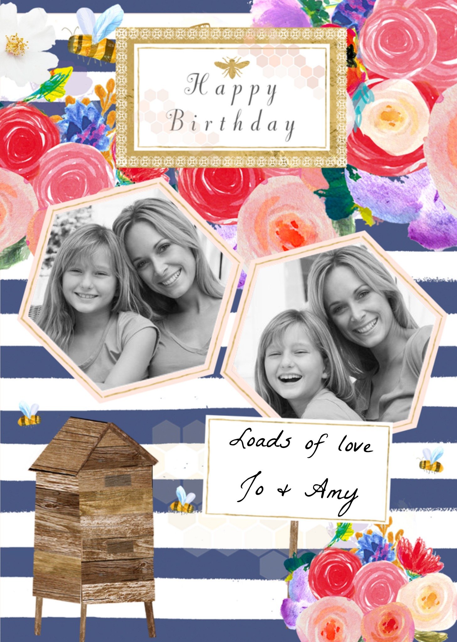 Moonpig Stripes Honeycomb Frames And Beehive Personalised Photo Upload Happy Birthday Card