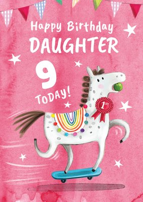 Funny 9 Today Hand-Painted Skateboarding Horse Birthday Card