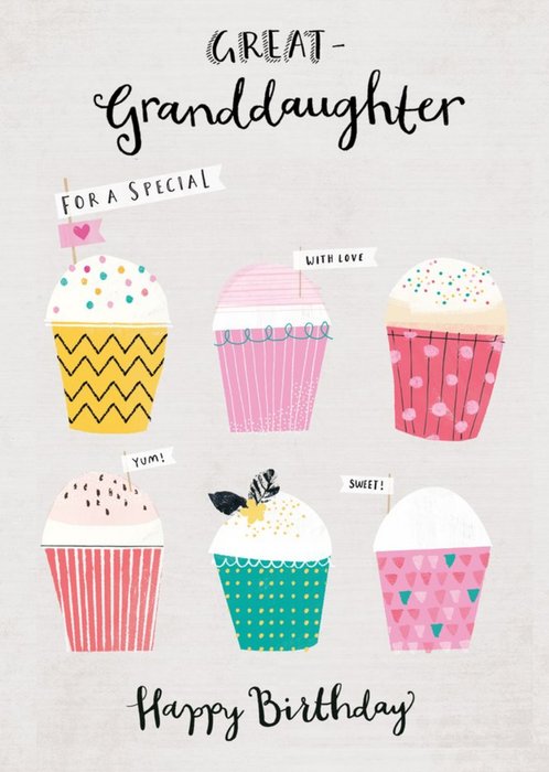 Illustrated Cupcakes Typographic Great Granddaughter Birthday Card