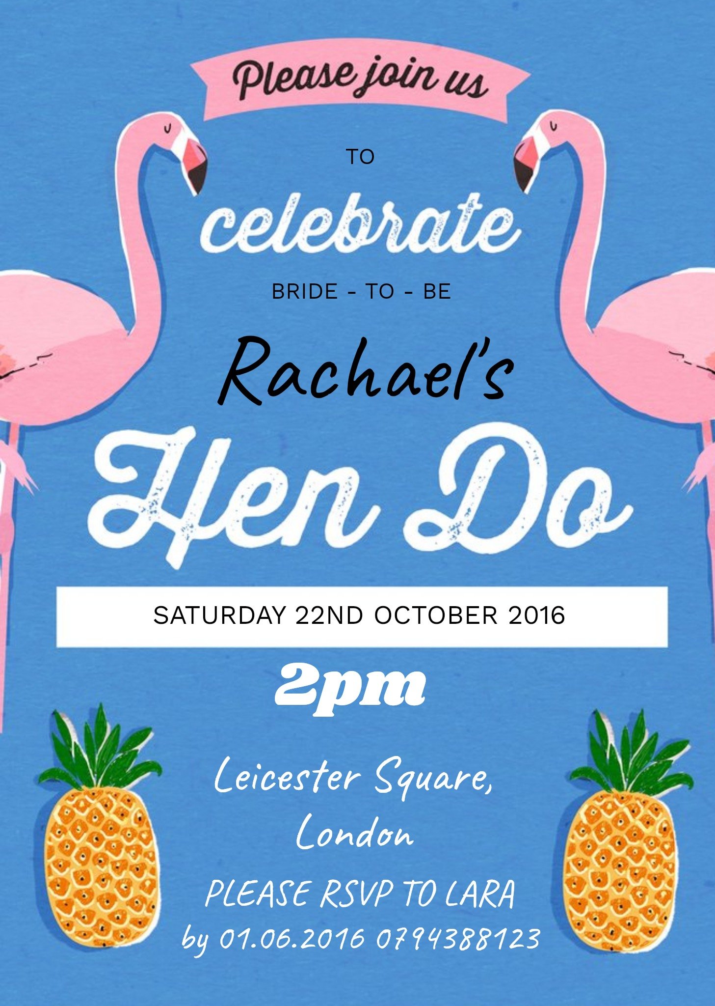 Moonpig Flamingos And Pineapples Personalised Hen Do Invite Card