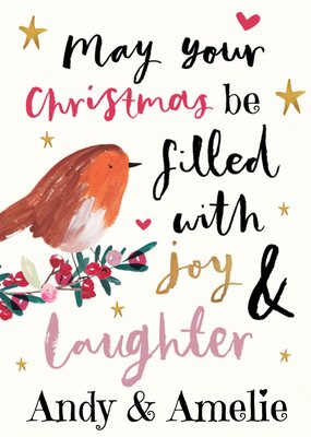 Festive Joy And Laughter Watercolour Illustrated Robin Typography Christmas Card