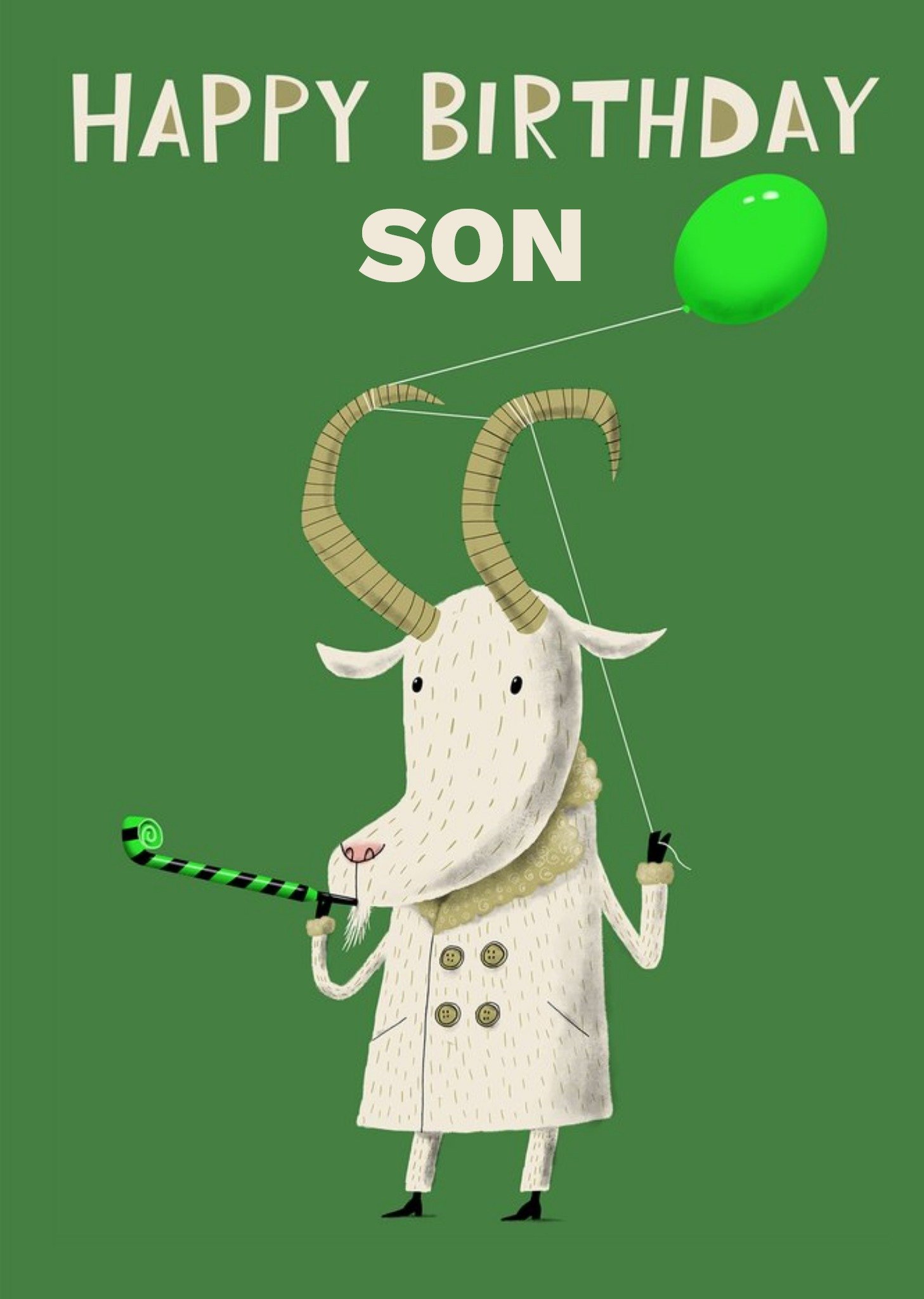 Moonpig Goat Celebrating With A Balloon And Party Blower Personalise Son Birthday Card