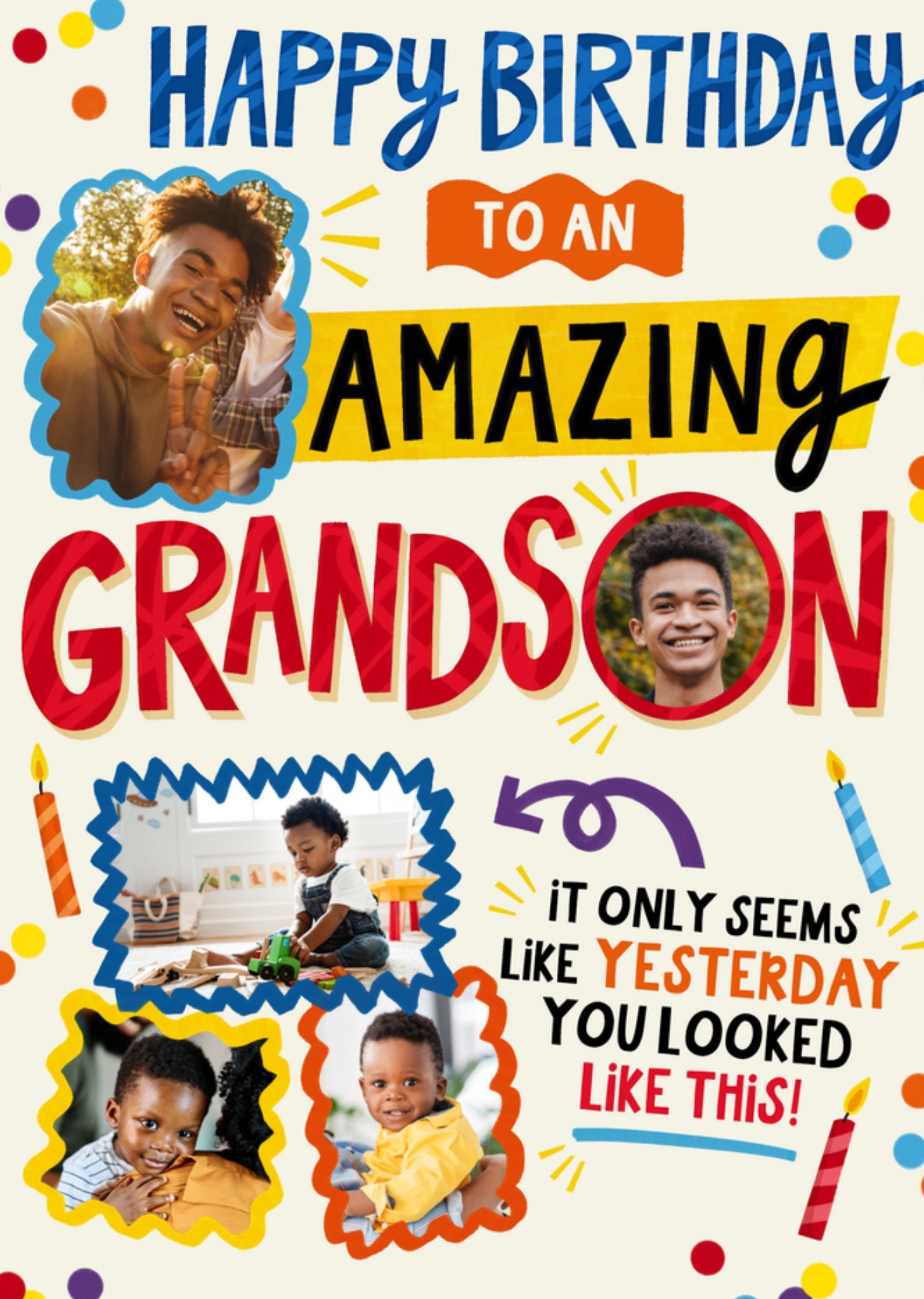 Moonpig Dream Big Happy Birthday Amazing Grandson Confetti & Candles Photo Upload Card