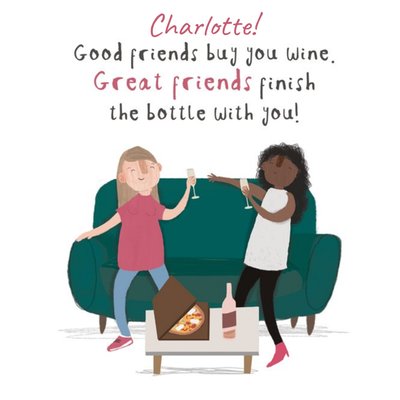 Quirky Illustration Of Two Women Drinking Wine And Eating Pizza Card