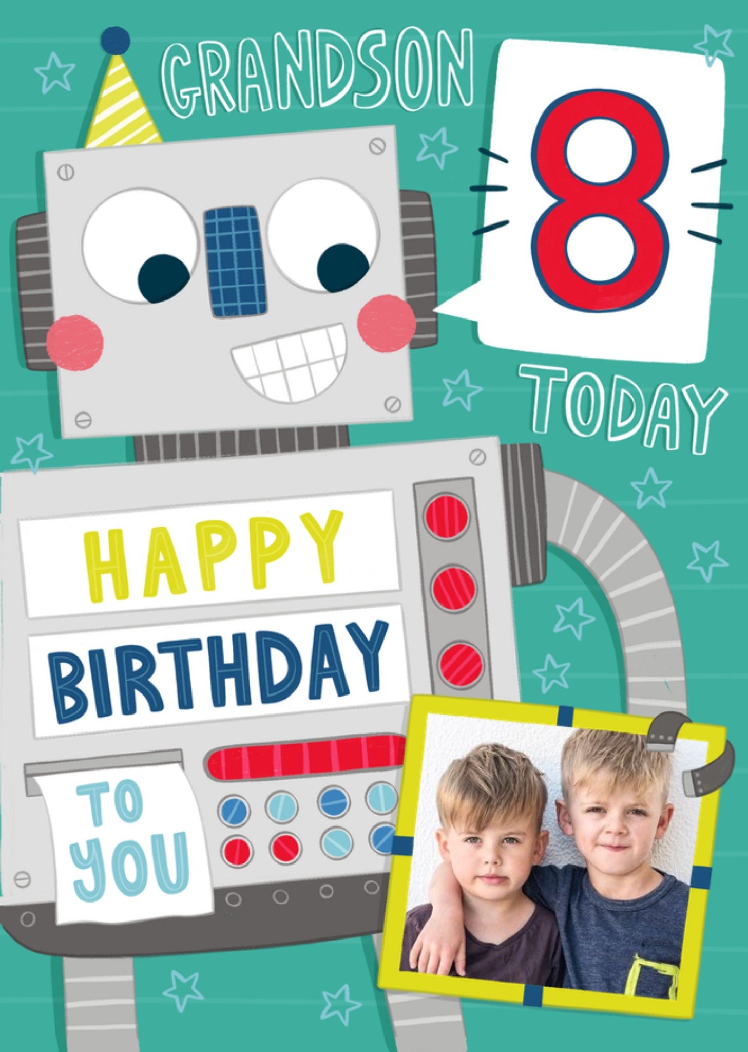 Moonpig Grandson 8 Today Happy Birthday To You Robot Photo Upload Card