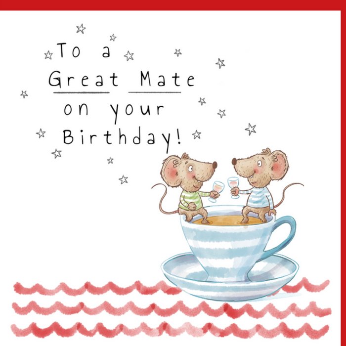 Mo and Mi Mary Cousins To A Great Mate Illustrated Partying Mice In A Teacup Birthday Card