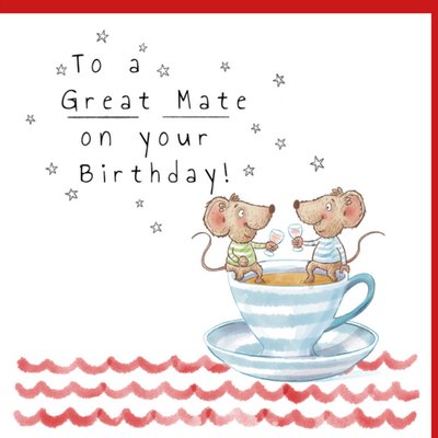 Mo and Mi Mary Cousins To A Great Mate Illustrated Partying Mice In A Teacup Birthday Card