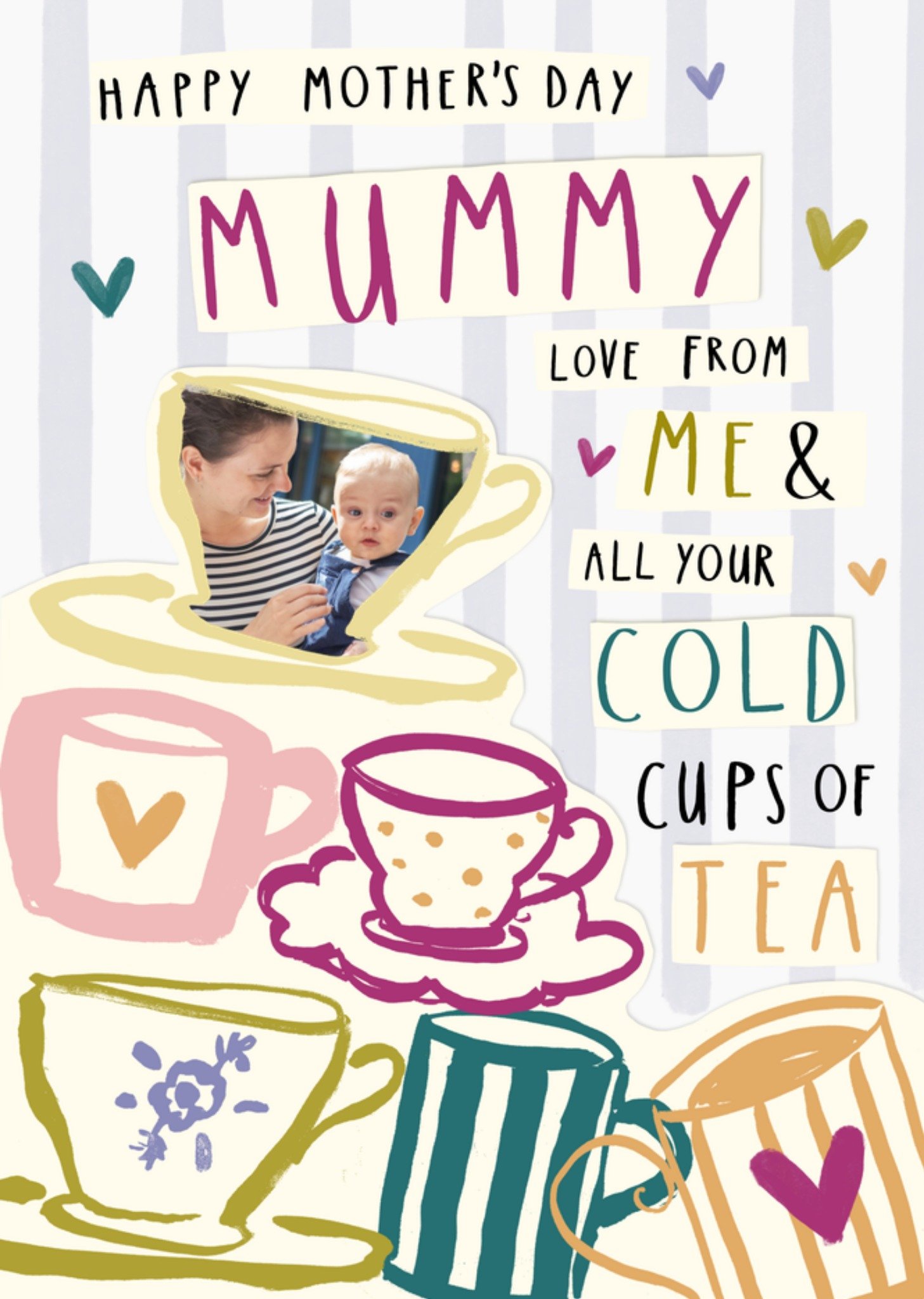 Moonpig Mummy Love From Me And All Your Cold Cups Of Tea Illustrated Photo Upload Mother's Day Card