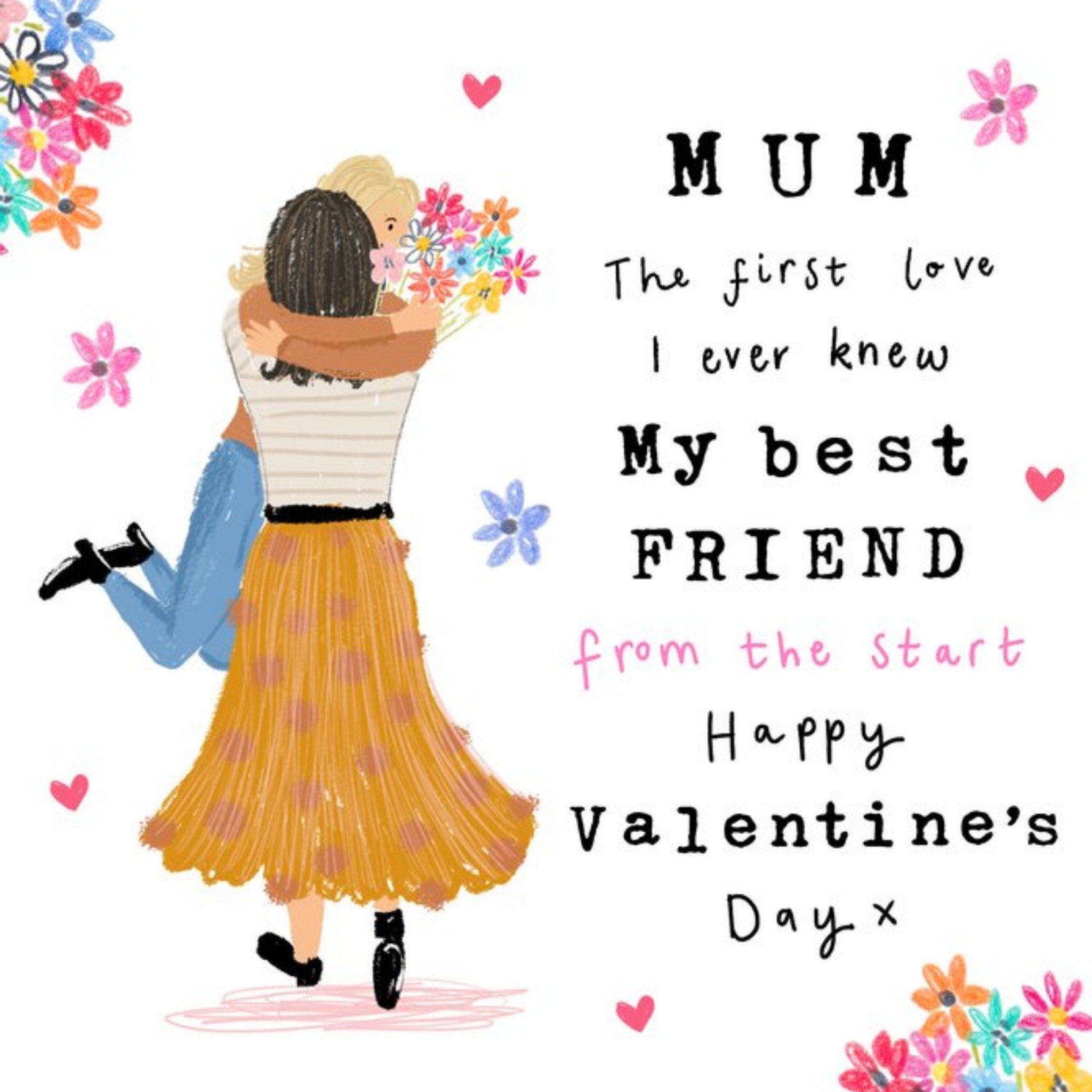 Moonpig Illustration Of A Mother And Daughter Hugging Surrounded By Flowers Mother's Valentine's Day