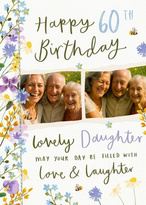 Daughter Floral Illustrated Photo Upload 60th Birthday Card