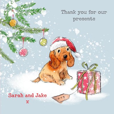 Illustration Of A Cute Puppy Sitting By A Christmas Tree With A Present Christmas Card