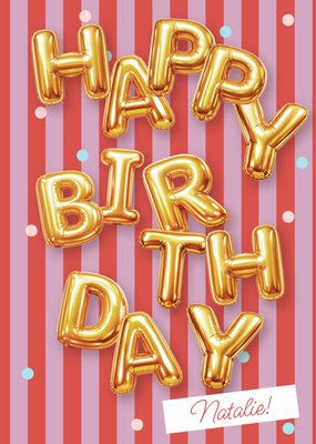 Striped Gold Balloon Typographic Birthday Card