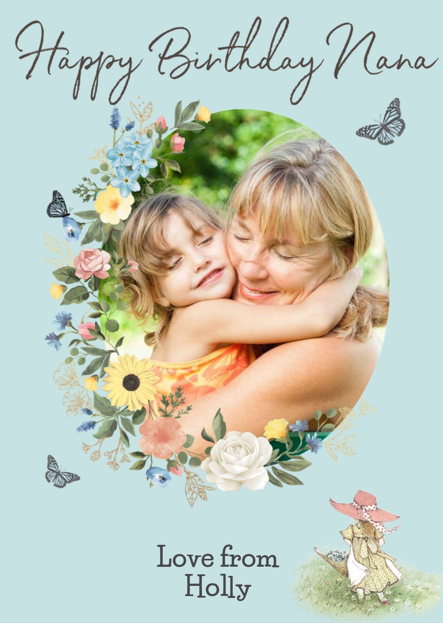 Moonpig Oval Photo Frame Surrounded By Flowers Nan's Photo Upload Birthday Card