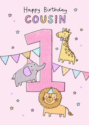Cousin Cute Illustrated Animals 1st Birthday Card