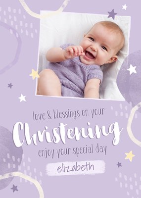 Purple Patterend Photo Upload Christening Card