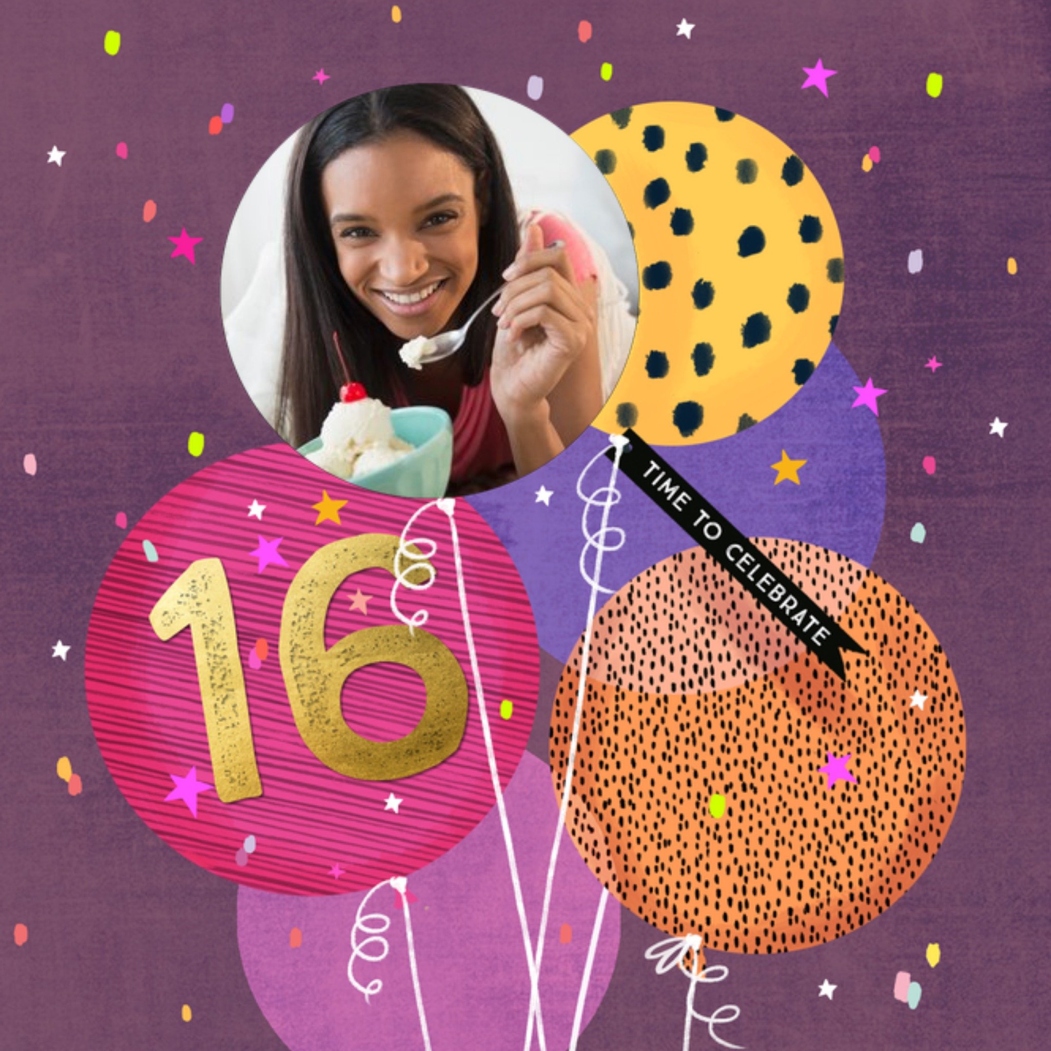Moonpig Purple Illustrated Balloons 16th Photo Upload Birthday Card