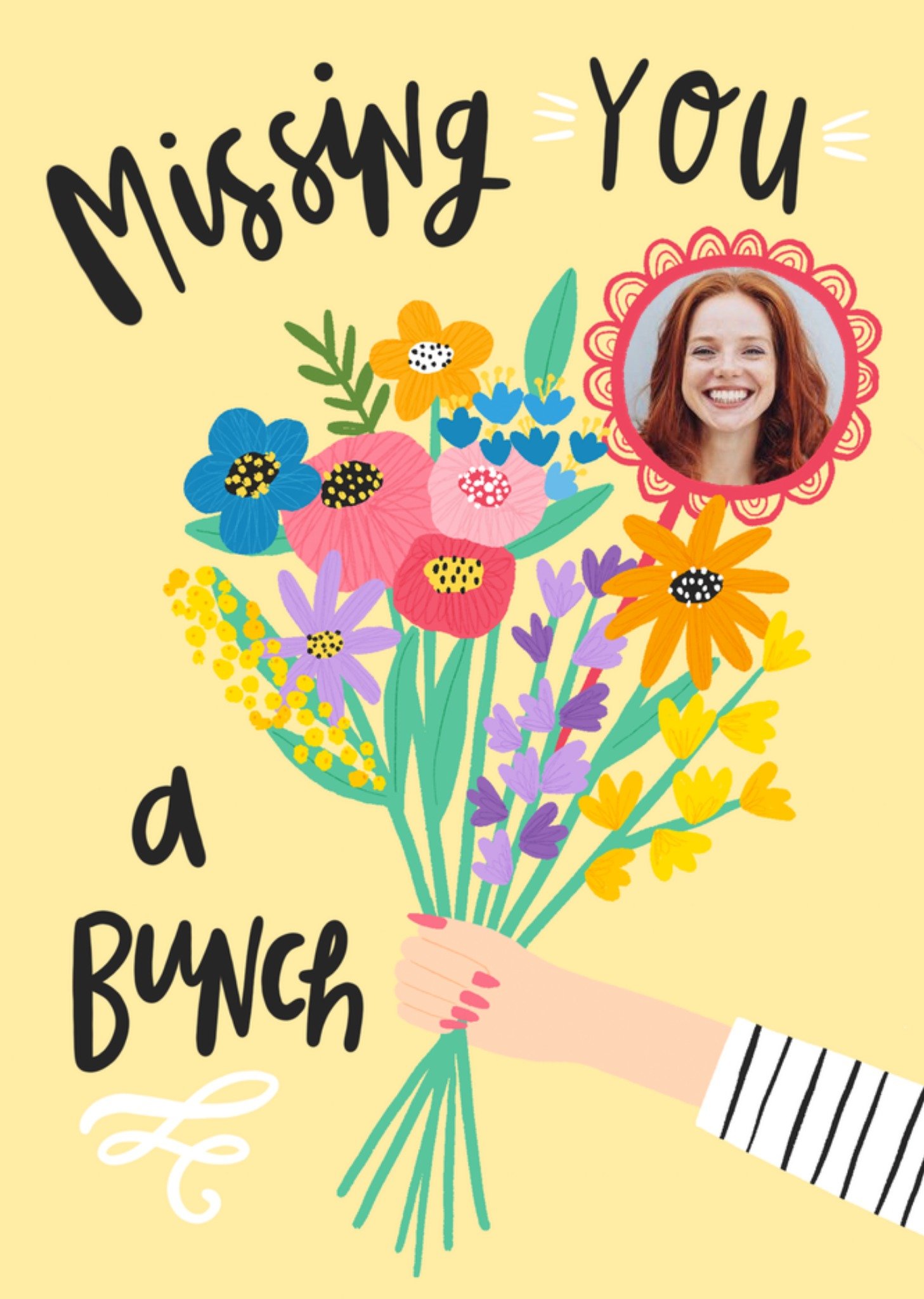 Moonpig Illustration Of An Arm And Hand Holding A Bouquet Of Flowers Missing You A Bunch Photo Uploa