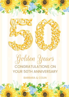 Illustration Of Sunflowers And Shamrocks Fiftieth Golden Years Anniversary Card