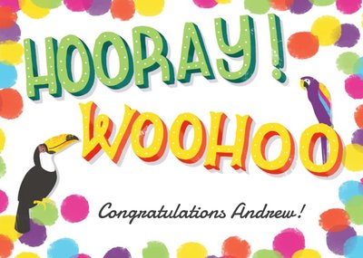 Colourful Polka Dots And Tropical Birds Personalised Congratulations Card