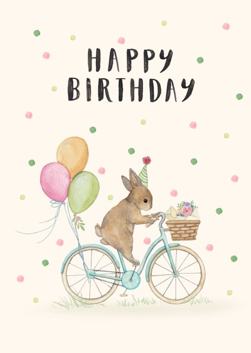Cute Rabbit On Bicycle Illustrated Happy Birthday Card