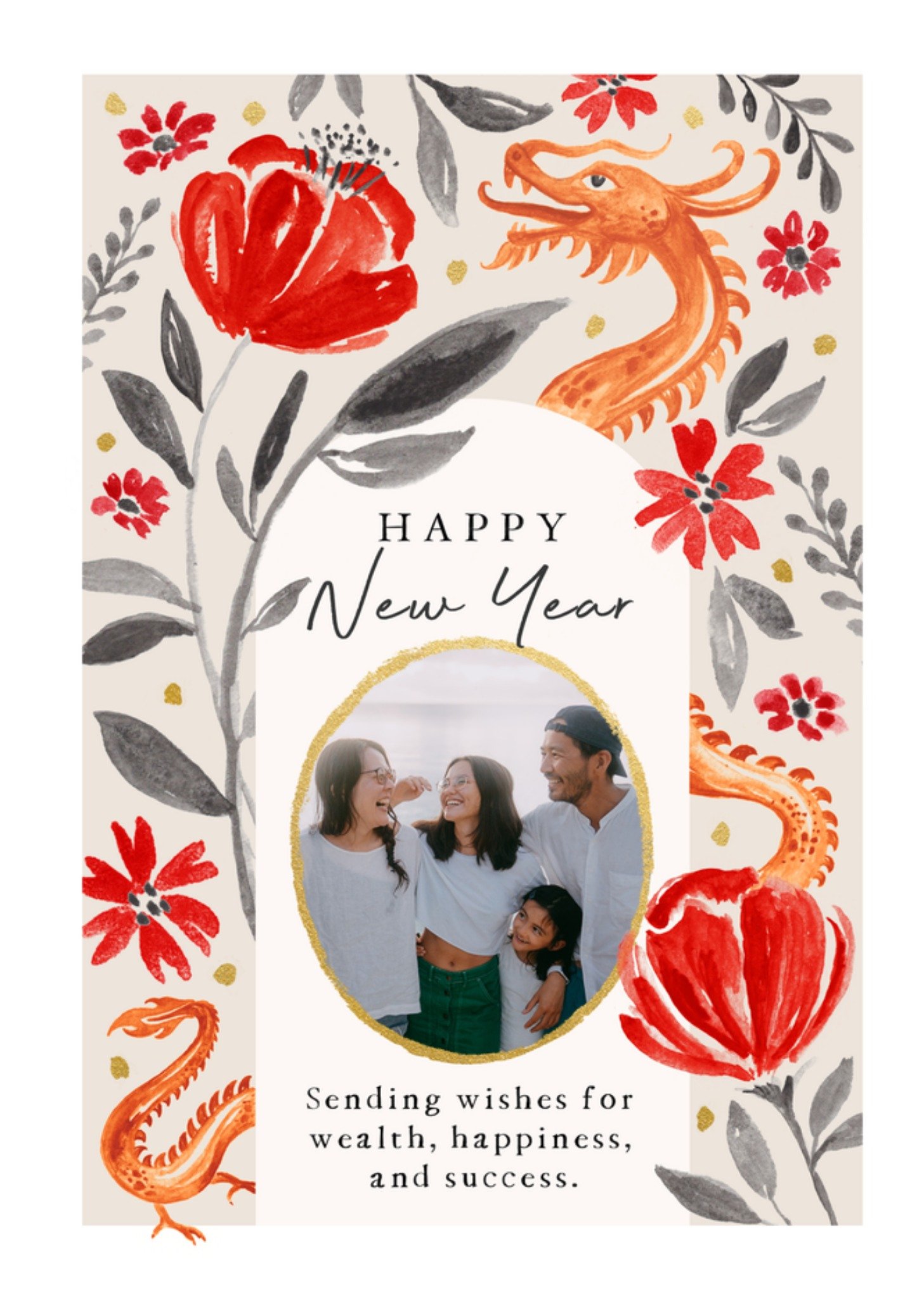 Moonpig Secret Garden Hand-Painted Watercolour Dragon And Flowers Chinese New Year Photo Upload Card