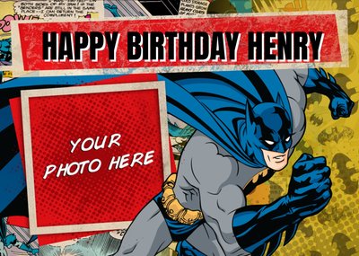 Comic Batman On The Move Personalised Photo Upload Happy Birthday Card For Kids