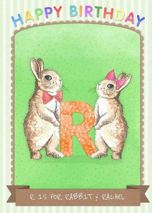 Pinstriped R Is For Rabbit Personalised Birthday Card