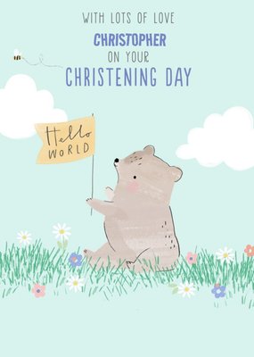 Cute Hello Wolrd With Lots Of Love Christening Day Card