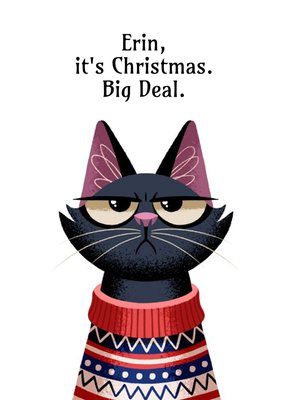 Folio Illustration of a frowning cat wearing a Christmas jumper personalised card.