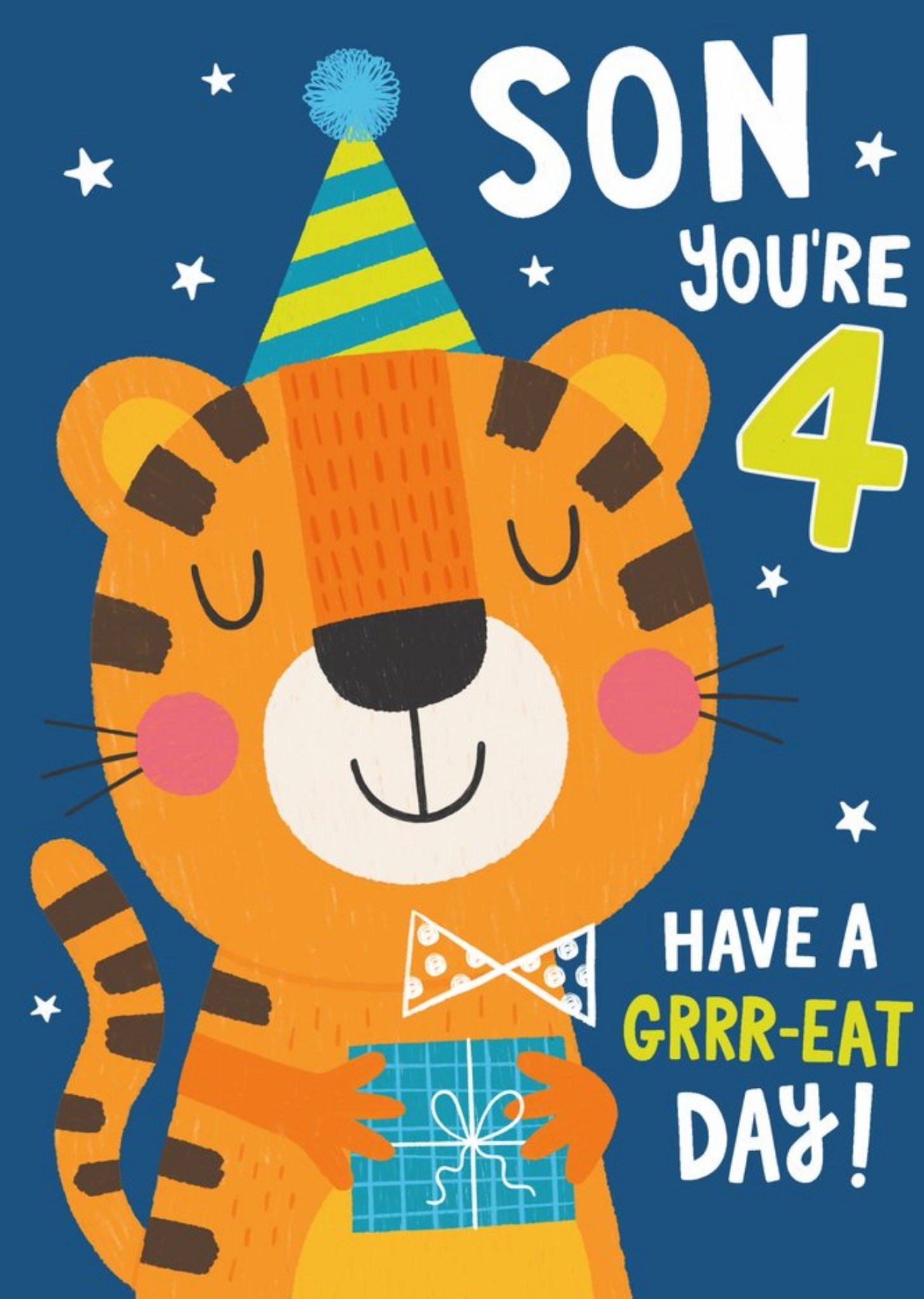 Moonpig Fun Illustration Tiger Party Hat Son You're 4 Birthday Card