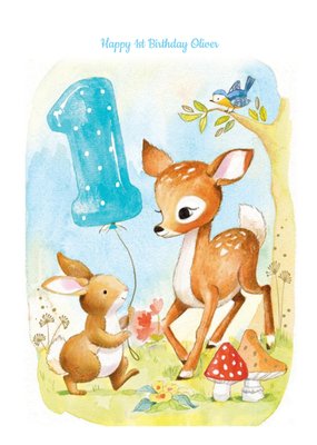 Springtime Rabbit And Fawn Personalised Happy 1st Birthday Card