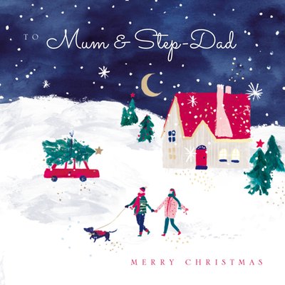 Festive Scene Mum & Step-Dad Hand-Painted Christmas Card