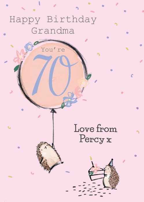 Illustration Of Two Cute Hedgehogs Grandma's Sevenieth Birthday Card