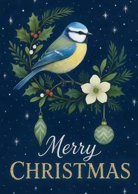 Traditional Blue Tit With Holly Berries And Baubles Christmas Card