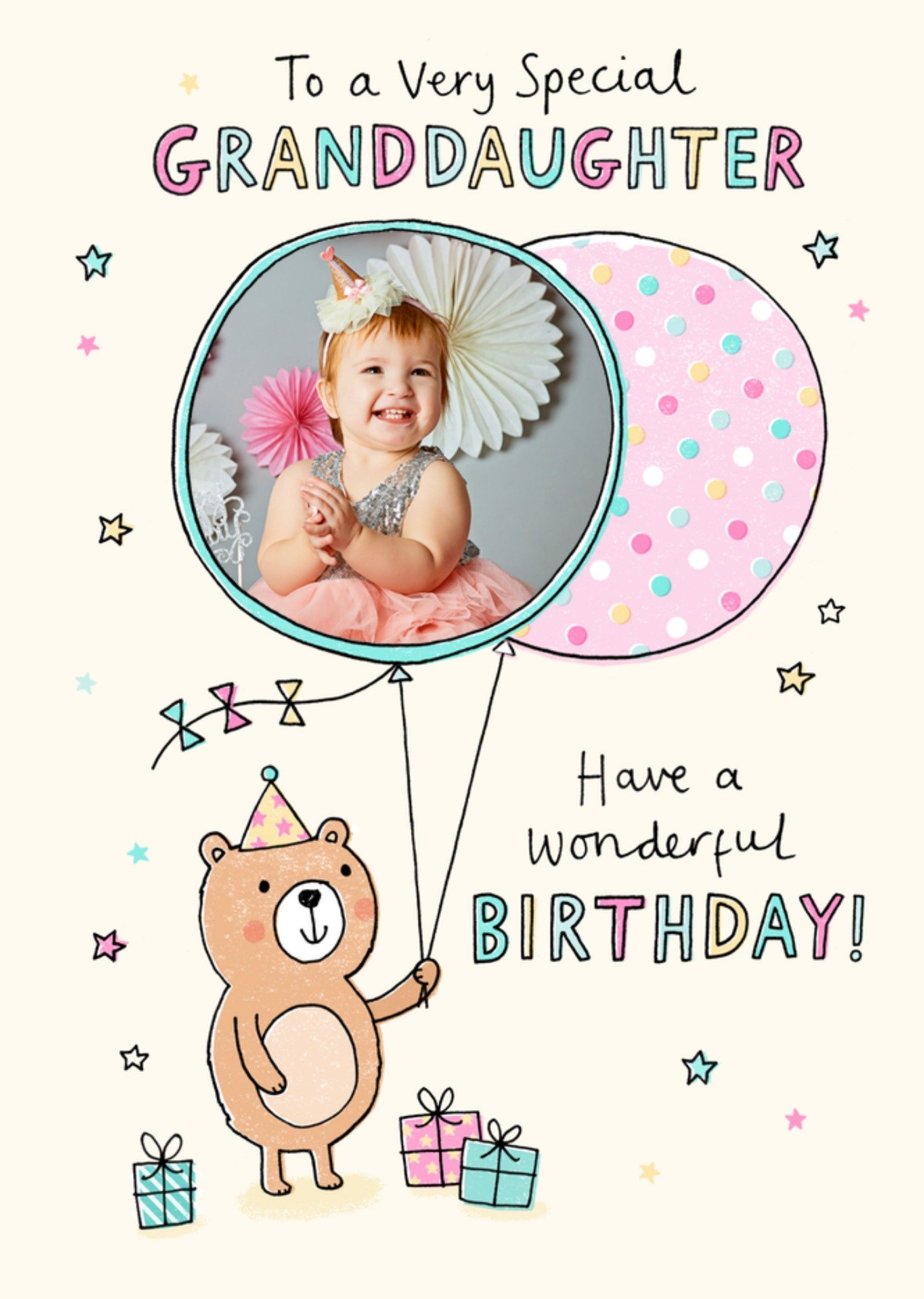 Moonpig Cute Illustrated Bear Holding Balloon Granddaughter Photo Upload Birthday Card